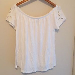 White, flowy tee with detailed short sleeve